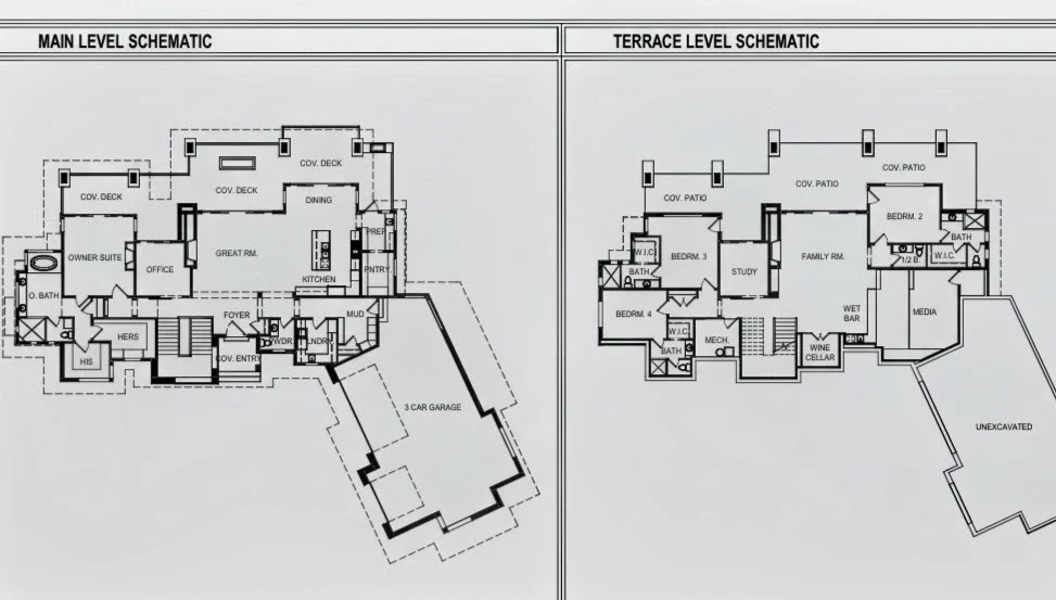 Main level and terrace level floor plan schematics