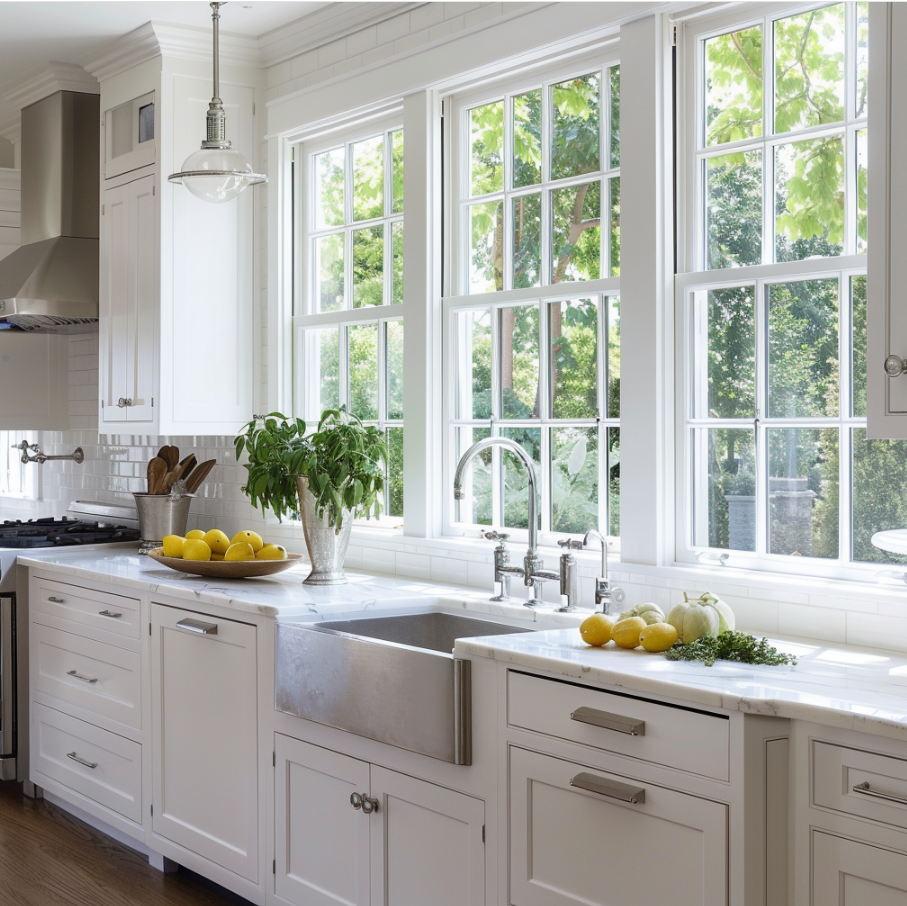 White farmhouse kitchen with shaker cabinetry