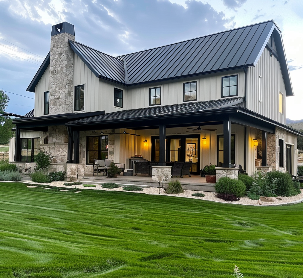 White barndominium with black metal roof and black windows